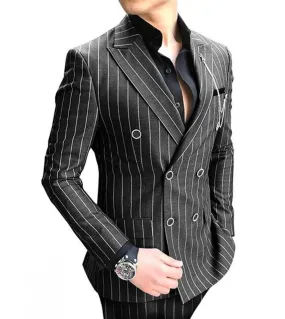 Costume Abito a righe da uomo blu navy 2 pezzi doppio petto risvolto con risvolto piatto slim fit smoking casual per matrimonio