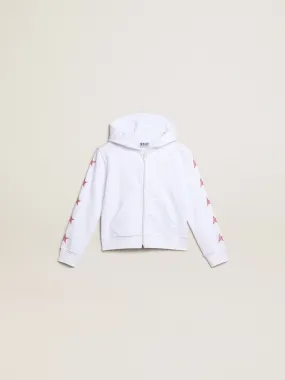 Felpa bianca con zip da bambina con stelle glitter sulle maniche